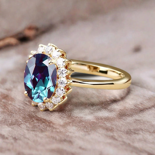 Vintage Alexandrite Engagement Ring Oval Shape Anniversary Ring Solid Gold Solitaire Unique Alexandrite Ring for Women Ver.2