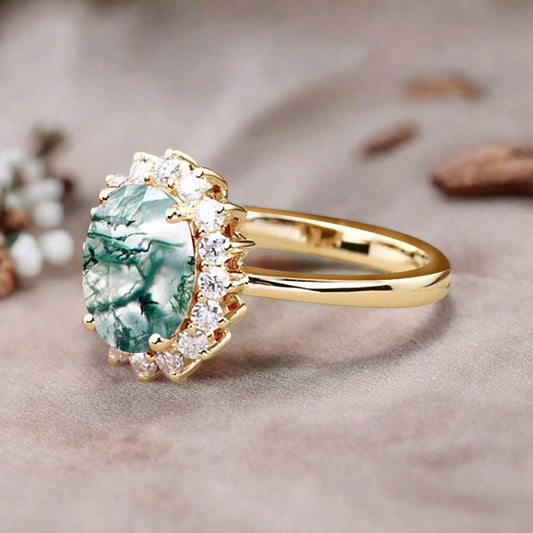 Vintage Moss Agate Engagement Ring Oval Shape Anniversary Ring Solid Gold Solitaire Unique Moss Agate Ring for Women Ver.2