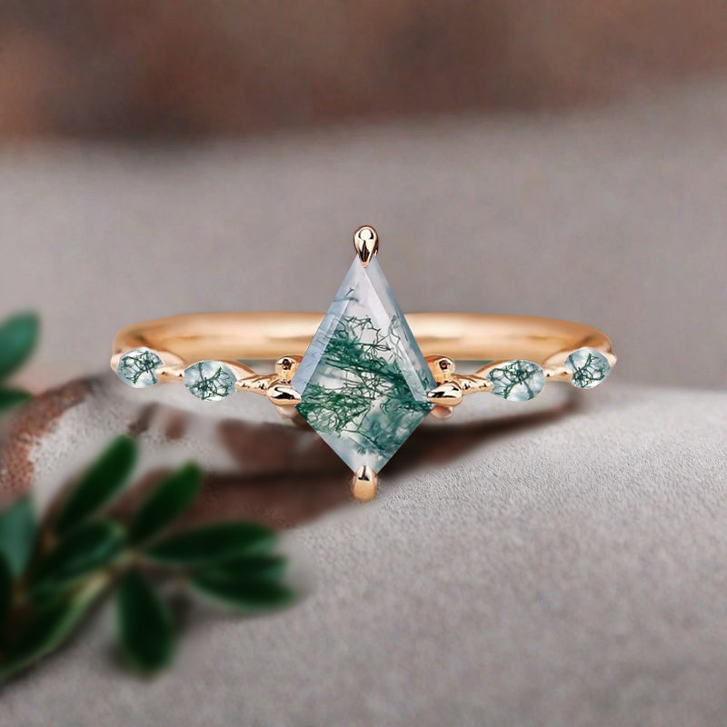 Kite cut Moss Agate engagement ring Unique Rose gold engagement ring Vintage Moissanite ring Art deco bridal ring Promise ring Anniversary gift