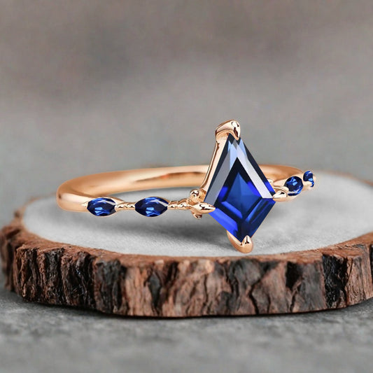 Kite cut Blue Topaz engagement ring Unique Rose gold engagement ring Vintage Moissanite ring Art deco bridal ring Promise ring Anniversary gift