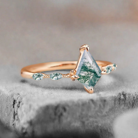 Kite cut Moss Agate engagement ring Unique Rose gold engagement ring Vintage Moissanite ring Art deco bridal ring Promise ring Anniversary gift