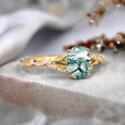 Oval Moss Agate Engagement Ring Vintage Rose Gold Green Agate Ring Women Moissanite Twisted Hollow Wedding Ring Bridal Promise Ring