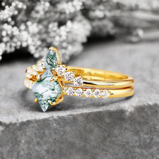 Vintage Kite Cut moss agate engagement ring set Rose gold Stackable ring unique bridal wedding ring set gift