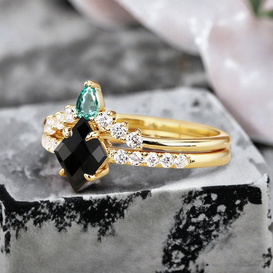 Vintage Kite Cut Black Onyx engagement ring set Rose gold Stackable ring unique bridal wedding ring set gift