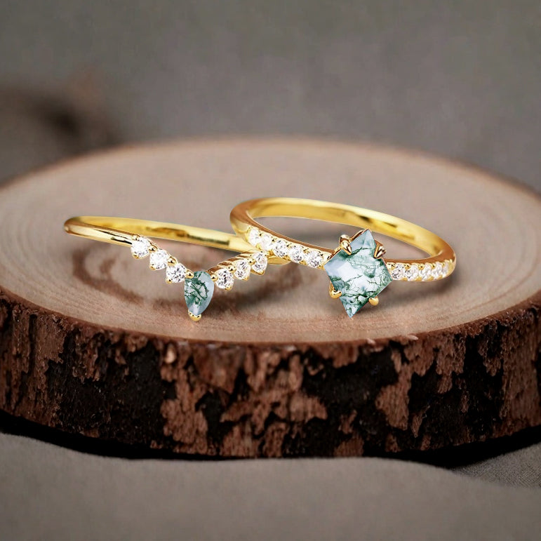 Vintage Kite Cut moss agate engagement ring set Rose gold Stackable ring unique bridal wedding ring set gift