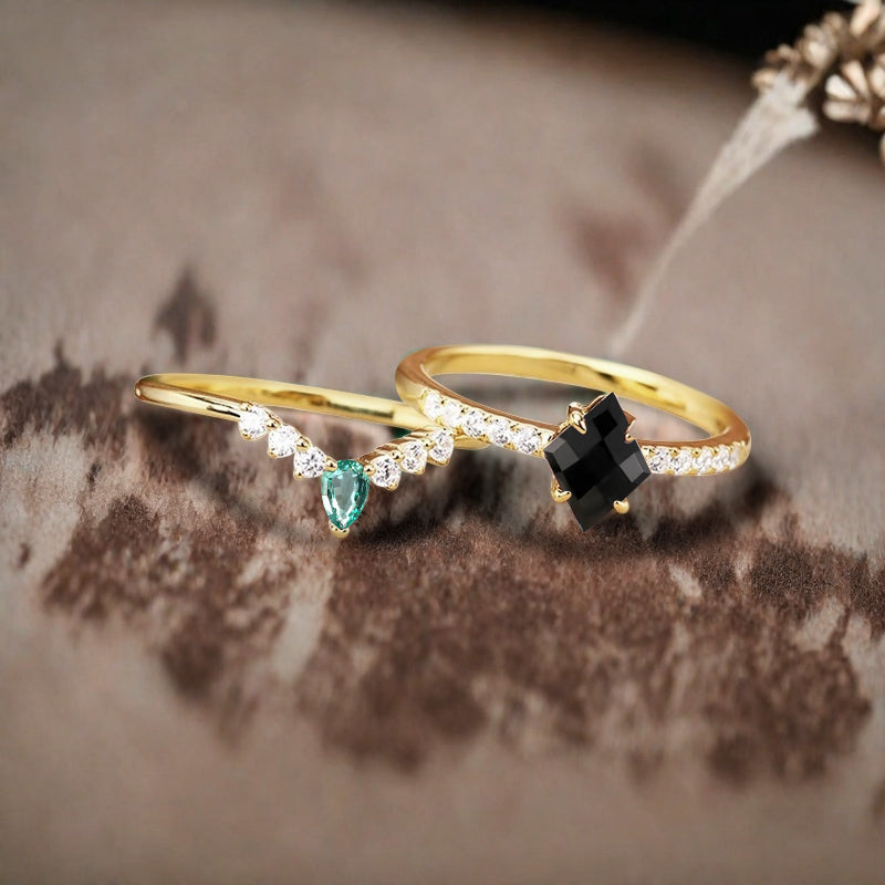 Vintage Kite Cut Black Onyx engagement ring set Rose gold Stackable ring unique bridal wedding ring set gift