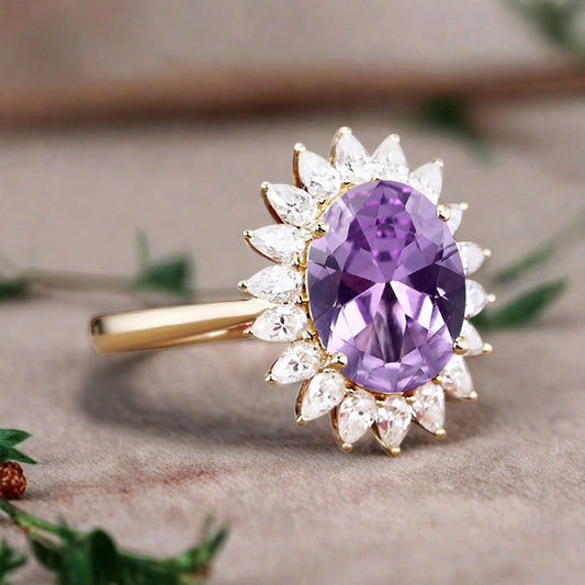 Vintage Amethyst Engagement Ring Oval Shape Anniversary Ring Solid Gold Solitaire Unique Amethyst Ring for Women Ver.2