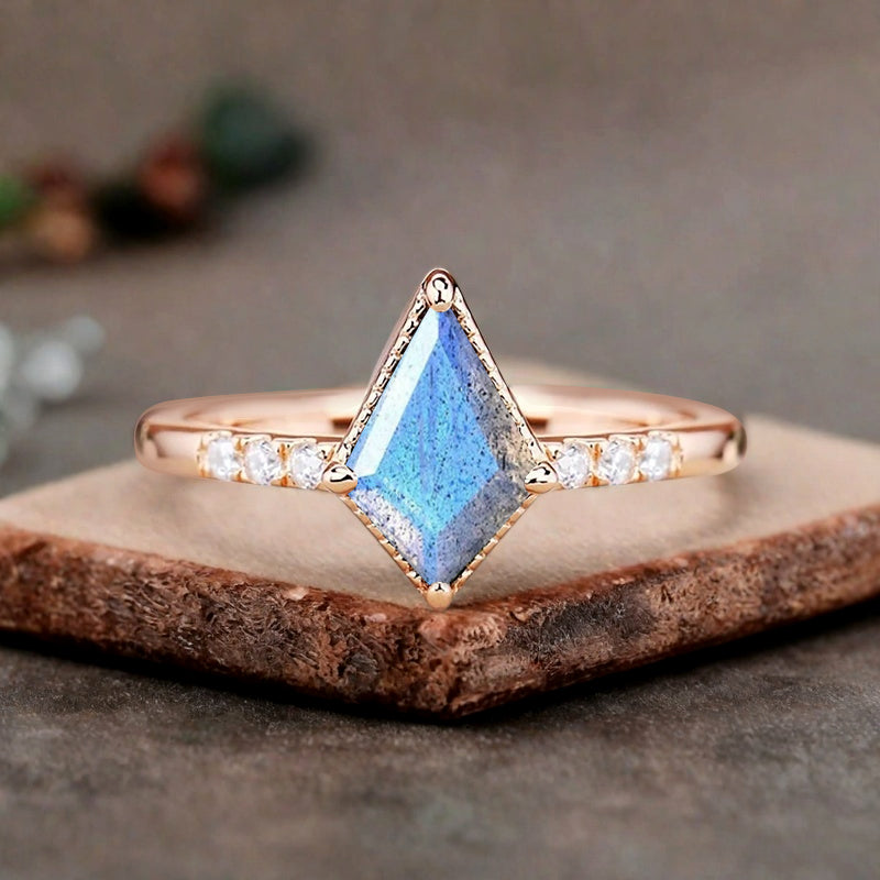 Kite cut Labradorite engagement ring Vintage Moissanite Ring Band Art deco bridal ring Anniversary gift