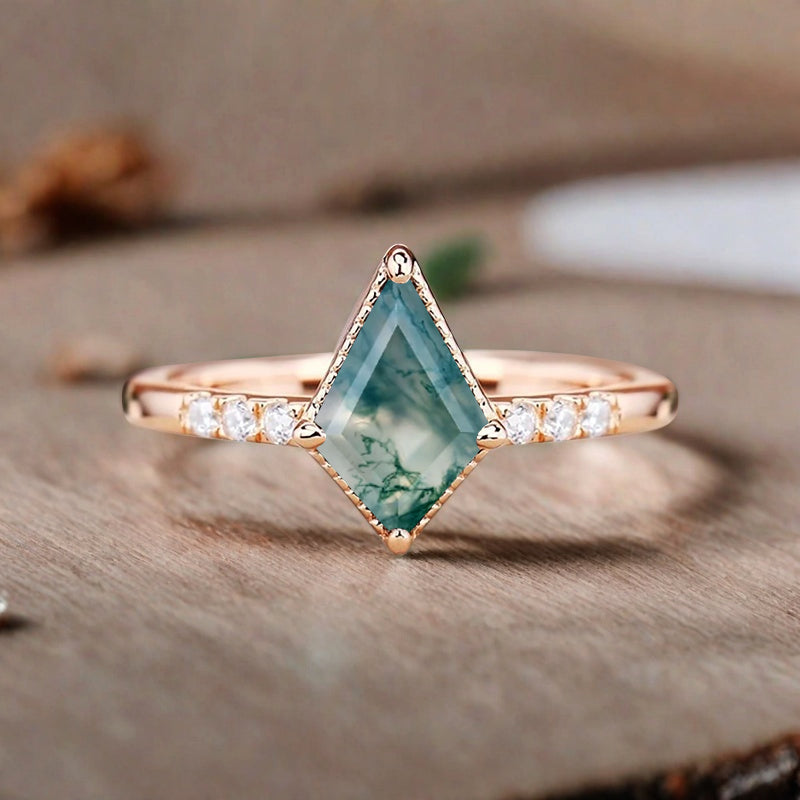 Kite cut Moss Agate engagement ring Vintage Moissanite Ring Band Art deco bridal ring Anniversary gift