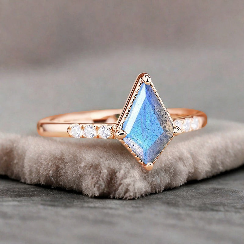 Kite cut Labradorite engagement ring Vintage Moissanite Ring Band Art deco bridal ring Anniversary gift