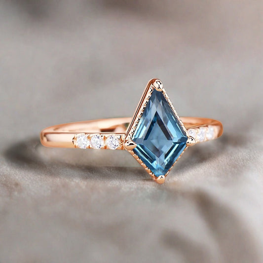 Kite cut Aquamarine engagement ring Vintage Moissanite Ring Band Art deco bridal ring Anniversary gift