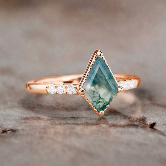 Kite cut Moss Agate engagement ring Vintage Moissanite Ring Band Art deco bridal ring Anniversary gift