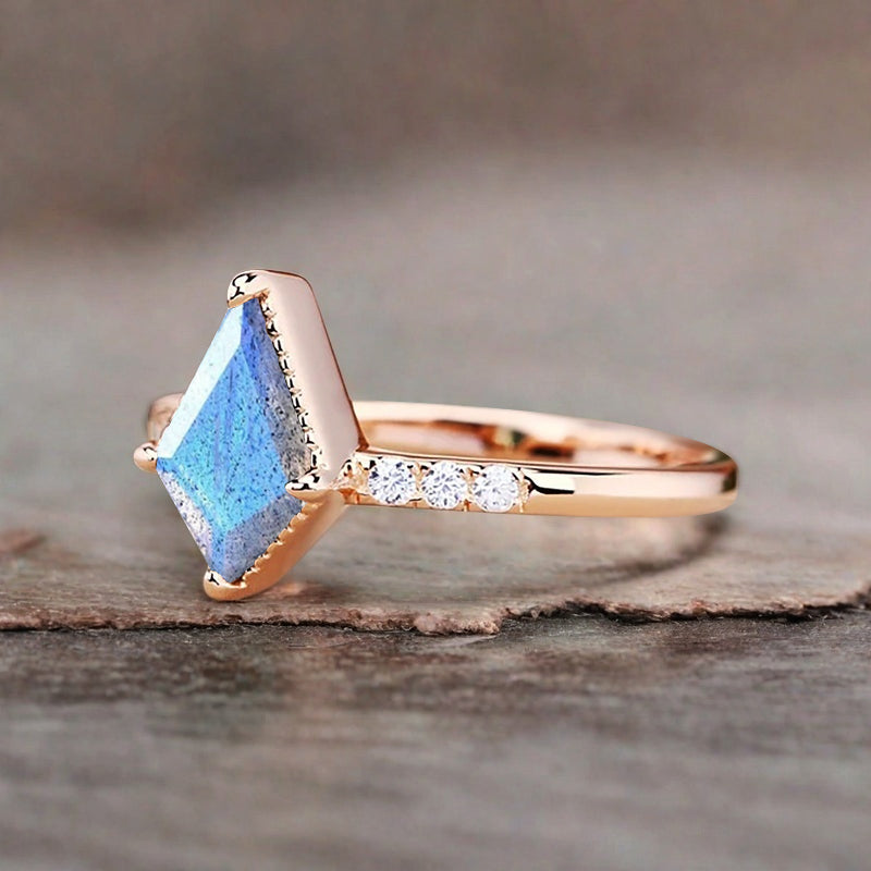 Kite cut Labradorite engagement ring Vintage Moissanite Ring Band Art deco bridal ring Anniversary gift