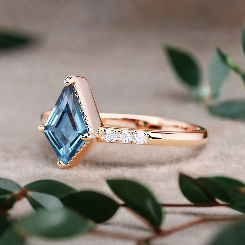 Kite cut Aquamarine engagement ring Vintage Moissanite Ring Band Art deco bridal ring Anniversary gift