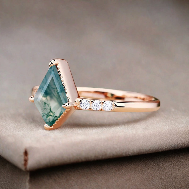 Kite cut Moss Agate engagement ring Vintage Moissanite Ring Band Art deco bridal ring Anniversary gift