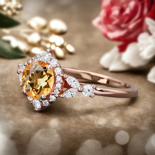 Vintage Citrine Engagement Ring Round Shape Anniversary Ring Moissanite Decorated Ring for Women