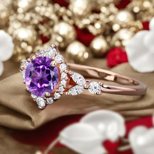 Vintage Amethyst Engagement Ring Round Shape Anniversary Ring Moissanite Decorated Ring for Women