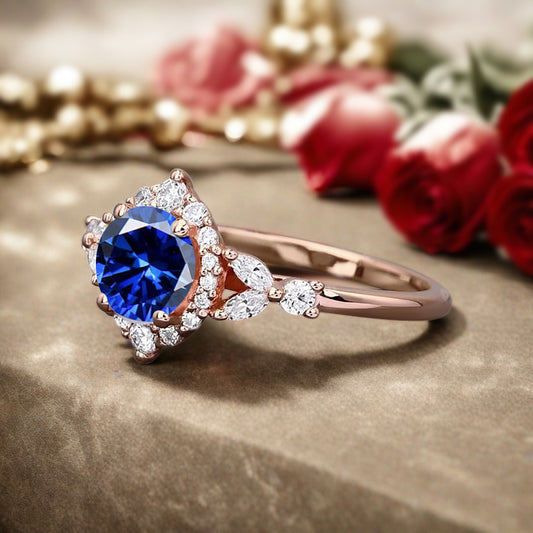 Vintage Blue Topaz Engagement Ring Round Shape Anniversary Ring Moissanite Decorated Ring for Women