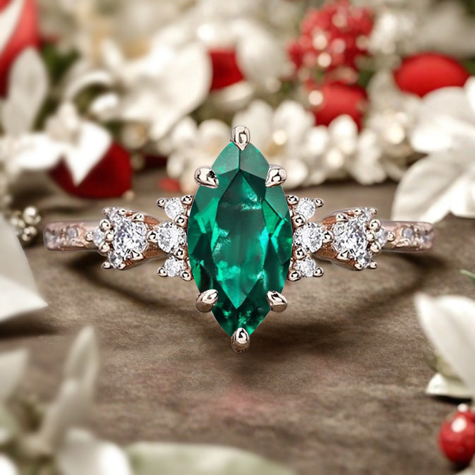 Vintage Marquise Cut Natural Emerald Engagement Ring Sets Nature Inspired Moissanite Cluster Promise Ring Rose Gold Art Deco Women Gift