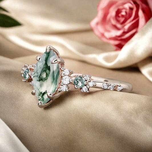 Vintage Marquise Cut Natural Moss Agate Engagement Ring Sets Nature Inspired Moissanite Cluster Promise Ring Rose Gold Art Deco Women Gift