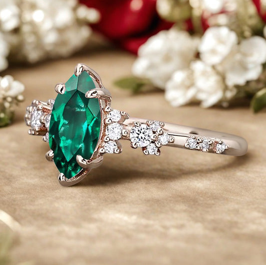 Vintage Marquise Cut Natural Emerald Engagement Ring Sets Nature Inspired Moissanite Cluster Promise Ring Rose Gold Art Deco Women Gift