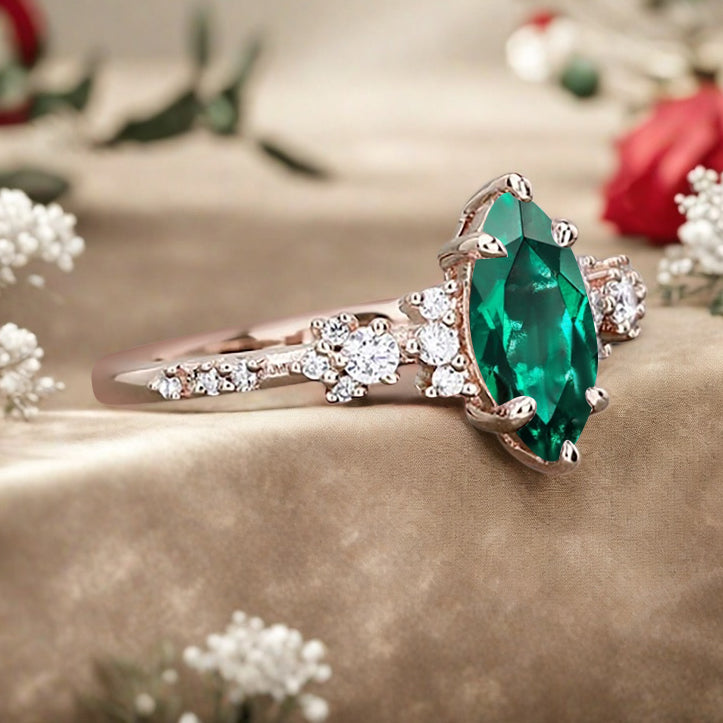 Vintage Marquise Cut Natural Emerald Engagement Ring Sets Nature Inspired Moissanite Cluster Promise Ring Rose Gold Art Deco Women Gift
