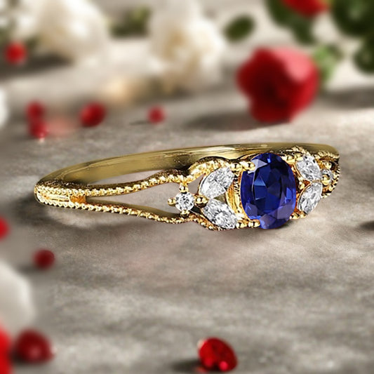 Blue Topaz Engagement Ring Vintage 18K Solid Gold Wedding Ring Split Diamond Art Deco Bridal Ring Jewelry Gift For Her