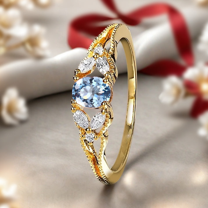 Aquamarine Engagement Ring Vintage 18K Solid Gold Wedding Ring Split Diamond Art Deco Bridal Ring Jewelry Gift For Her
