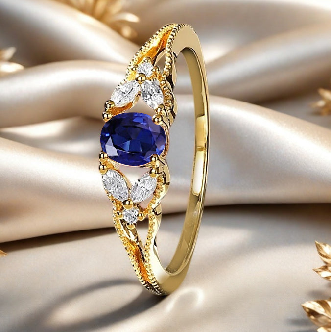 Blue Topaz Engagement Ring Vintage 18K Solid Gold Wedding Ring Split Diamond Art Deco Bridal Ring Jewelry Gift For Her