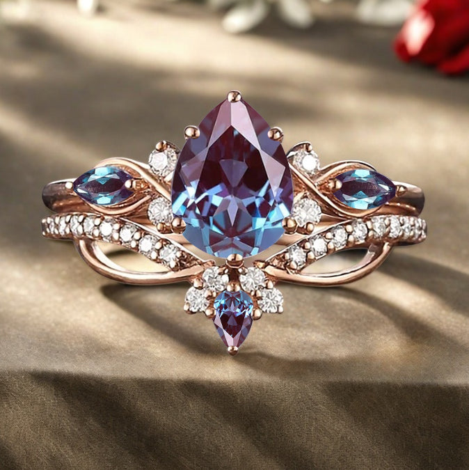 Bague de fiançailles vintage en forme de poire avec aigue-marine, ensemble de bagues de mariage uniques, cadeau d'anniversaire