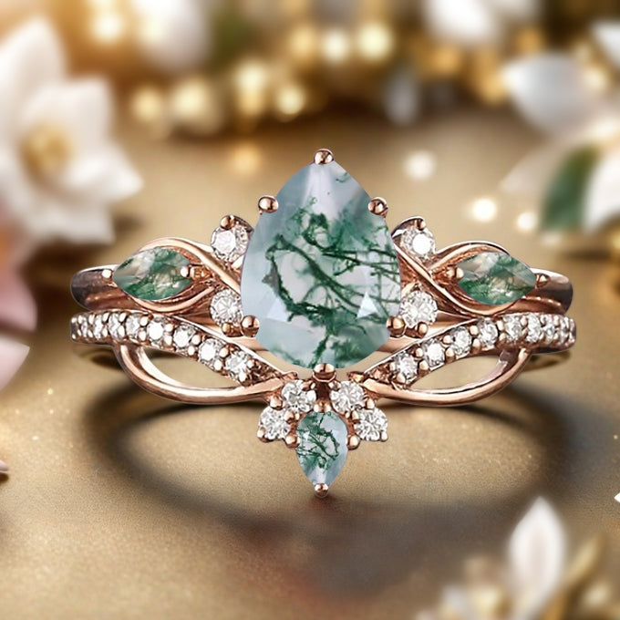 Bague de fiançailles vintage en forme de poire avec aigue-marine, ensemble de bagues de mariage uniques, cadeau d'anniversaire