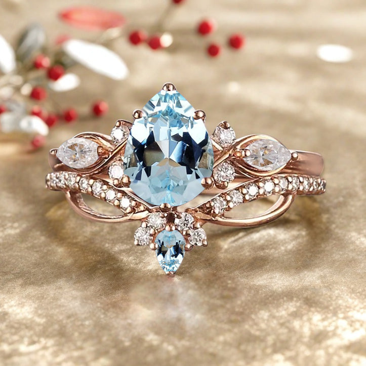 Vintage Pear Shape Aquamarine Engagement Ring Set Unique Aquamarine Gemstone Promise Bridal Ring Set Anniversary Gift