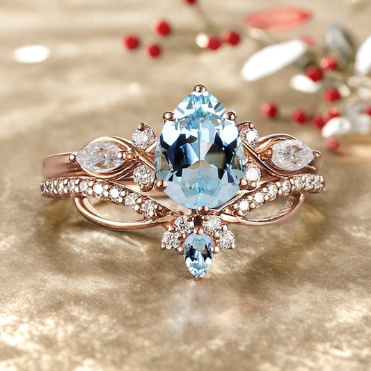 Vintage Pear Shape Aquamarine Engagement Ring Set Unique Aquamarine Gemstone Promise Bridal Ring Set Anniversary Gift