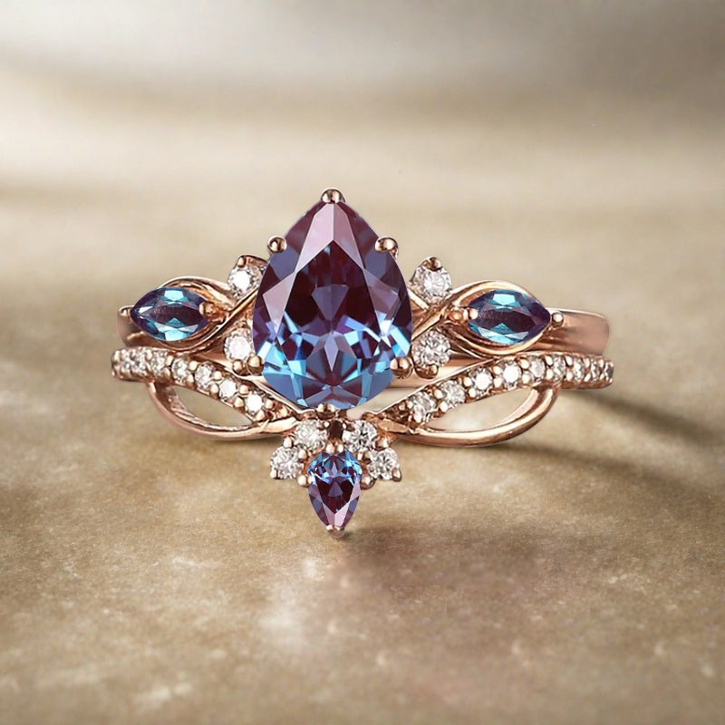 Bague de fiançailles vintage en forme de poire avec aigue-marine, ensemble de bagues de mariage uniques, cadeau d'anniversaire