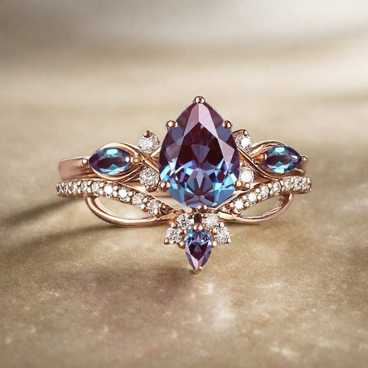 Vintage Pear Shape Alxandrite Engagement Ring Set Unique Gemstone Promise Bridal Ring Set Anniversary Gift
