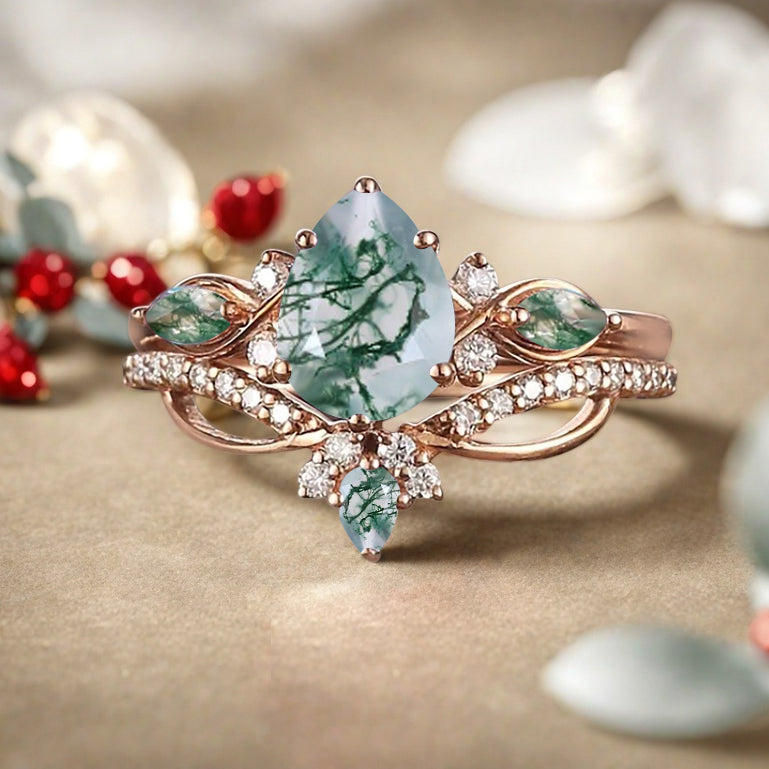 Bague de fiançailles vintage en forme de poire avec aigue-marine, ensemble de bagues de mariage uniques, cadeau d'anniversaire