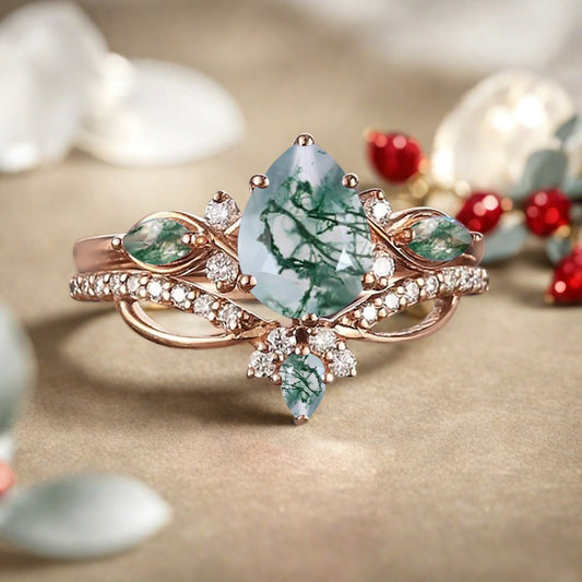 Vintage Pear Shape Moss Agate Engagement Ring Set Unique Gemstone Promise Bridal Ring Set Anniversary Gift