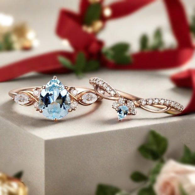 Vintage Pear Shape Aquamarine Engagement Ring Set Unique Aquamarine Gemstone Promise Bridal Ring Set Anniversary Gift
