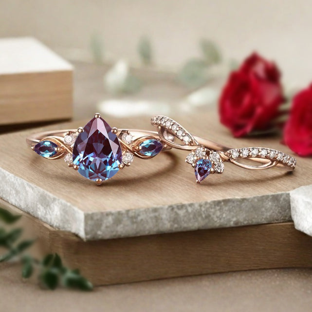 Bague de fiançailles vintage en forme de poire avec aigue-marine, ensemble de bagues de mariage uniques, cadeau d'anniversaire