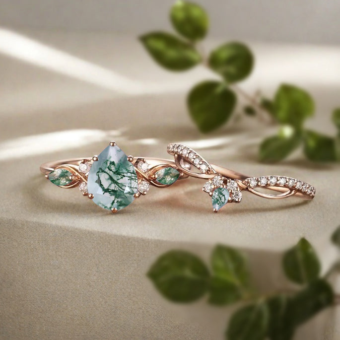 Bague de fiançailles vintage en forme de poire avec aigue-marine, ensemble de bagues de mariage uniques, cadeau d'anniversaire