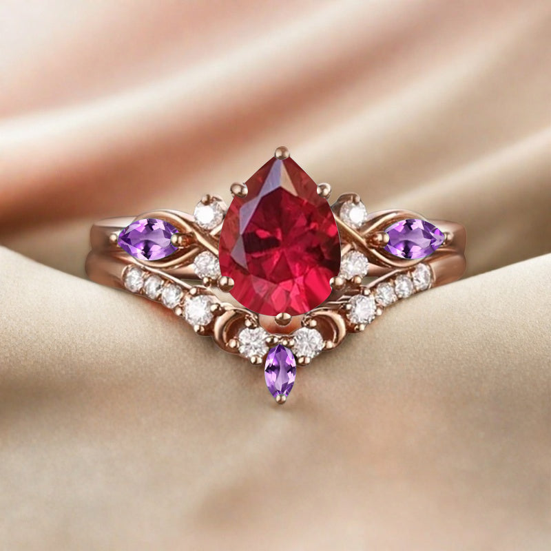 Bague de fiançailles vintage en forme de poire avec aigue-marine, ensemble de bagues de mariage uniques, cadeau d'anniversaire