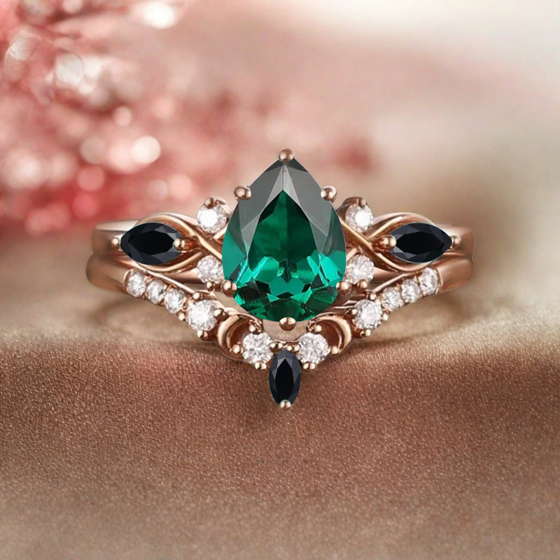 Bague de fiançailles vintage en forme de poire avec aigue-marine, ensemble de bagues de mariage uniques, cadeau d'anniversaire