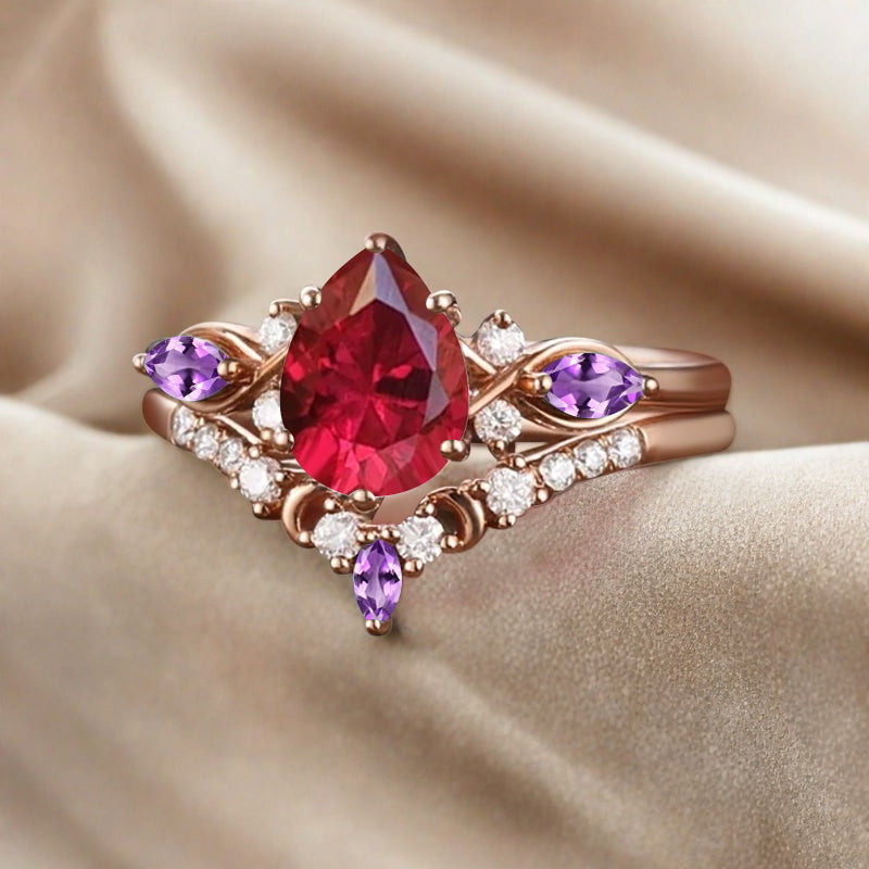 Bague de fiançailles vintage en forme de poire avec aigue-marine, ensemble de bagues de mariage uniques, cadeau d'anniversaire