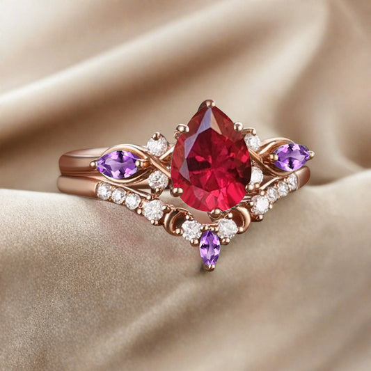 Vintage Pear Shape Ruby Engagement Ring Set Unique Amethyst Gemstone Promise Bridal Ring Set Anniversary Gift
