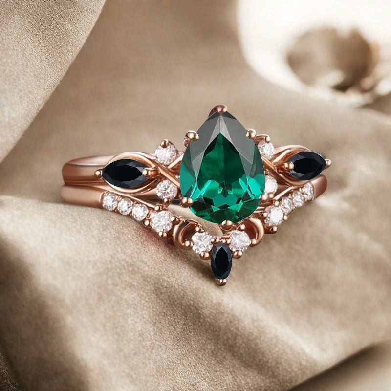 Bague de fiançailles vintage en forme de poire avec aigue-marine, ensemble de bagues de mariage uniques, cadeau d'anniversaire