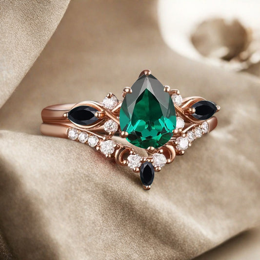 Vintage Pear Shape Emerald Engagement Ring Set Unique Black Onyx Gemstone Promise Bridal Ring Set Anniversary Gift