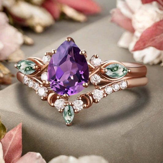 Vintage Pear Shape Amethyst Engagement Ring Set Unique Moss Agate Gemstone Promise Bridal Ring Set Anniversary Gift