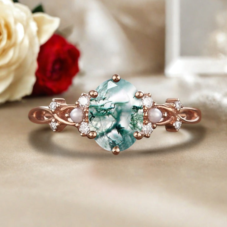 Vintage Oval Moss Agate Engagement Ring Unique Oval Moss Agate Promise Ring Ver.2