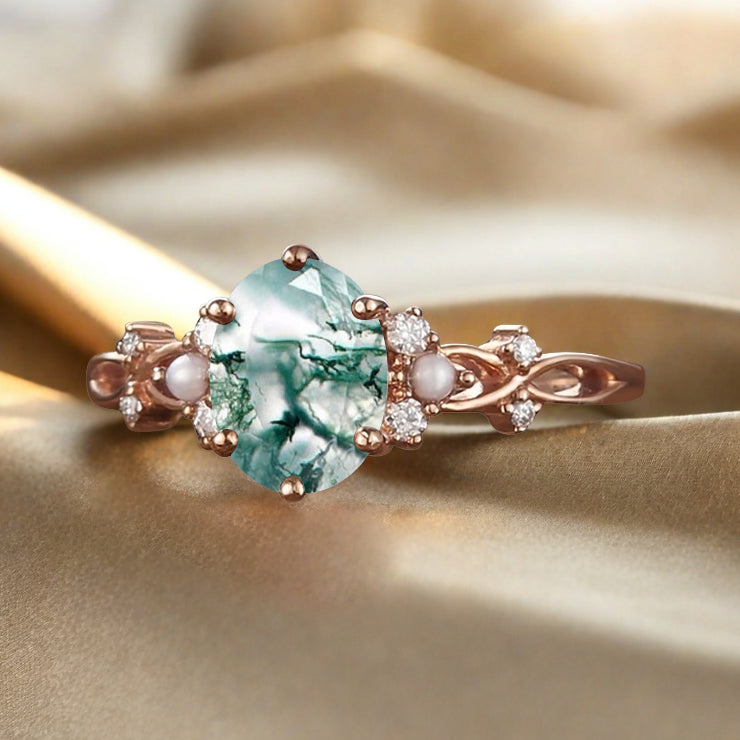 Vintage Oval Moss Agate Engagement Ring Unique Oval Moss Agate Promise Ring Ver.2
