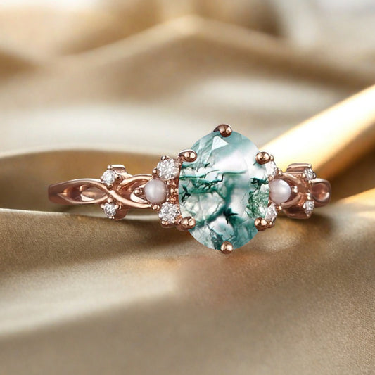 Vintage Oval Moss Agate Engagement Ring Unique Oval Moss Agate Promise Ring Ver.2